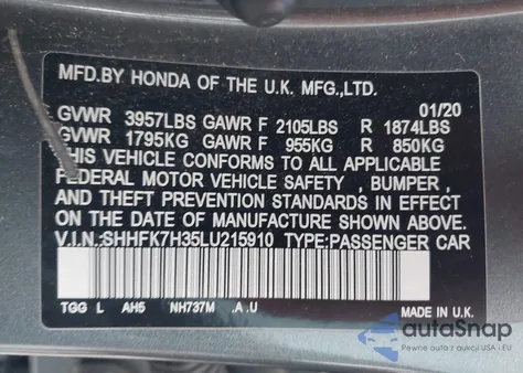 2020 Honda Civic Lx из США, поврежденный, VIN SHHFK7H35LU215910